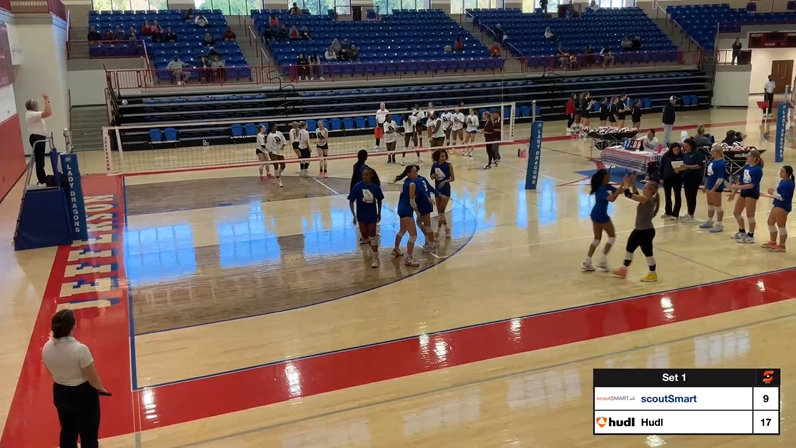 ScoutSmart and HUDL logos on scoreboard